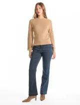 Buzo de tejido combinado marca Zac & Rachel, color beige, con cuerpo de punto acanalado y mangas con diseño calado. Presenta cuello redondo y puños ajustados.