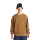 Buzo de cuello redondo color mostaza, con detalle de costura triangular en el cuello y parche con logo de la marca en el pecho.