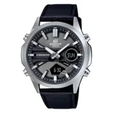 Reloj analógico-digital Casio Edifice con caja de acero inoxidable y correa de cuero negro. Presenta una esfera gris oscuro con indicadores luminosos, pantalla digital para fecha y funciones, y diseño deportivo.