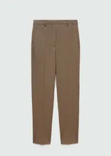 Pantalón de tiro medio color marrón con diseño a cuadros pequeños (pata de gallo), de corte ajustado y largo crop. Cuenta con bolsillos laterales, trabillas para cinto y cierre frontal oculto.