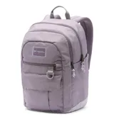 Mochila Columbia modelo Buxton de 26 litros, color lila, con dos compartimentos principales, funda interna para portátil, bolsillo frontal con cierre y detalles en gris. Incluye correas acolchadas y bolsillos laterales para botellas.