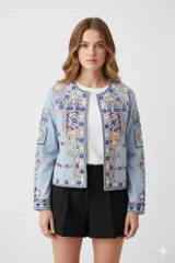 Chaqueta celeste con bordados multicolores, corte holgado y cuello a la base.