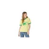Remera ringer de Eme Studios modelo Special Bossa, color amarillo con detalles en verde oscuro en el cuello y los puños. Presenta un estampado gráfico frontal con un diseño ovalado y estrellas.