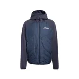 Campera deportiva Adidas Terrex Híbrida Climawarm para hombre, de color azul marino con diseño acolchado en el frente y capucha integrada. Incorpora tecnología Climawarm y cierre frontal completo.