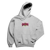 Canguro gris con capucha y cordones ajustables, presenta un estampado gráfico central con el logo de la marca en colores rosa y verde. Incluye un bolsillo frontal tipo canguro y una etiqueta pequeña en el ruedo.