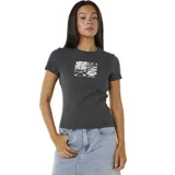 Remera negra de algodón con calce ajustado y estampado blanco con diseño floral y logo de la marca Rip Curl.