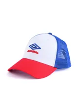Gorro trucker oficial del Club Nacional de Football, con frente blanco, visera roja y malla azul. Presenta el logo de Umbro bordado en azul y la palabra "NACIONAL" en rojo en el frente.