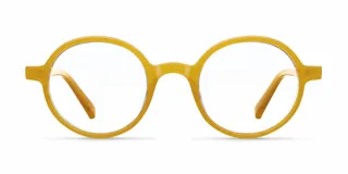 Lentes con armazón redondo de policarbonato color amarillo y cristales transparentes con tecnología blueblocker y protección UV400.