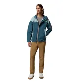 Campera cortaviento Columbia Challenger II Omni-Shield de diseño bicolor en tonos azul y celeste, con capucha con cordón de ajuste, cierre medio con solapa, bolsillo en la manga con cierre y malla, y logo bordado en el pecho.
