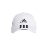 Gorro Adidas con visera, modelo Baseball 3S Cap CT, color blanco con logo de Adidas y tres rayas bordadas en negro.