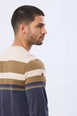 Remera de manga larga con cuello redondo, diseño a rayas horizontales en beige, marrón y azul marino, con finas líneas decorativas en rojo, azul y verde. Incluye un pequeño logo bordado en el pecho.