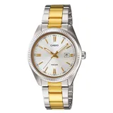 Reloj de pulsera Casio con caja y malla de acero inoxidable en tono bicolor plateado y dorado. Presenta una esfera blanca con índices y manecillas doradas, visor de fecha y bisel estriado.
