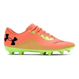 Championes de fútbol Under Armour Shadow Select 2 FG, con diseño en color naranja vibrante y suela verde lima. Presentan parte superior sintética suave, cierre con cordones, plantilla de EVA para mayor comodidad y suela de TPU con tacos cónicos para una tracción óptima.
