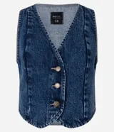 Chaleco de jean con escote en V, cierre frontal con botones metálicos y ruedo redondeado. Presenta un diseño clásico con lazo ajustable en la espalda.