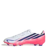 Championes de fútbol Adidas F50 Hyperfast League FG, color blanco con detalles en rosado y azul oscuro.