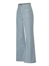 Pantalón estilo jeans de tiro alto color celeste, de corte recto y amplio en las piernas. Cuenta con bolsillos frontales aplicados y cierre de botón y cierre frontal.