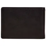 Billetera Caterpillar de cuero marrón, con doble pliegue y pinza para billetes. Tiene capacidad para hasta 4 tarjetas de crédito y logo CAT grabado en la parte inferior.