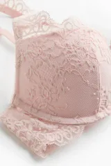 Soutien push-up de encaje color rosado con aros, copas con relleno, tirantes ajustables y detalle de encaje en los tirantes y la banda inferior.