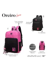 Mochila Las Oreiro color fucsia y negro, con un bolsillo frontal negro con cierre y un parche con el logo de la marca. Tiene tiradores de cierre con cordones trenzados en rosa y negro.