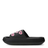 Sandalias tipo slide Miss Carol modelo Hearty, de color negro con suela de plataforma y apliques decorativos en forma de labios con ojos.