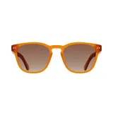 Lentes de sol con montura cuadrada color naranja y lentes marrones degradé.