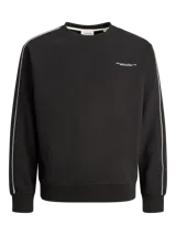 Buzo de cuello redondo y manga larga con calce holgado. Presenta una línea blanca decorativa que recorre la parte superior de las mangas y un pequeño estampado tipográfico en el pecho. Confeccionado en tejido interlock con interior suave.