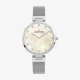 Reloj analógico Jacques Lemans de la línea Milán, con caja de acero inoxidable y malla de acero tipo milanesa. Esfera de nácar con índices de cristales Swarovski y movimiento de cuarzo.