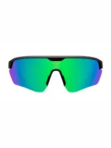 Lentes de sol estilo pantalla con montura de policarbonato negro y lentes reflectantes en tono verde con destellos violetas, inspirados en el diseño deportivo de ciclismo.