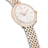 Reloj Swarovski Certa de acero inoxidable con baño en tono oro rosa y plateado. Cuenta con caja redonda, bisel con cristales en pavé, esfera guilloché blanca con índices de cristales y brazalete metálico de siete eslabones bicolor.