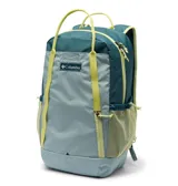 Mochila Columbia Echo Mountain de 25 litros, de diseño versátil en tonos azul y verde lima, con compartimento principal, bolsillos laterales de red y múltiples asas de agarre.