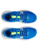 Championes de básquet Under Armour Lockdown 7, color azul con detalles en celeste, gris, blanco y verde flúor. Parte superior de malla transpirable con superposiciones de cuero sintético, entresuela de EVA y suela de caucho con patrón de tracción.