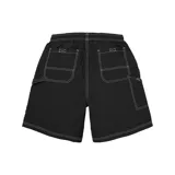 Short de nylon negro con costuras en contraste color blanco, bolsillos laterales amplios y parche con logo de la marca en la parte inferior.