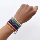 Set de pulseras elásticas de piedras naturales de 4 mm, con nudo corredizo ajustable. Incluye variedades como howlita, cuarzo rosa, jade, cornalina, cuarzo verde, amazonita, lepidolita, ojo de buey y cuarzo azul.