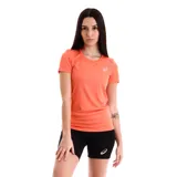 Remera deportiva Asics para mujer, color salmón, de manga corta y cuello redondo, con logo reflectante de la marca en el pecho.