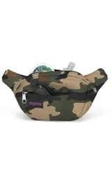 Riñonera negra de la marca JanSport, modelo Fifth Avenue, con parche frontal de la marca y cierres metálicos.