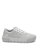 Sneaker Cat modelo Amp Canvas, color gris, con plataforma de 5 cm y suela de goma con tracción. Presenta capellada de canvas con detalles en material sintético metalizado en la zona de los cordones y logo de la marca grabado en el lateral.