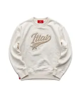 Buzo de cuello redondo color blanco off-white, con diseño de estampa frontal bordada en relieve con la palabra Ittai y una estrella.