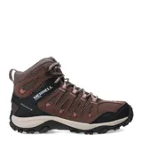Botas de trekking Merrell de caña media, confeccionadas en una combinación de gamuza y malla técnica. Presentan un diseño robusto en tonos marrones con detalles en negro y rosa, cierre con cordones y suela de goma con relieve para mayor tracción.