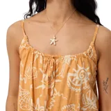 Vestido corto color naranja con estampado de motivos playeros en blanco, de tirantes finos y escote recto con detalle de lazo.