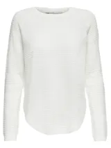 Sweater de punto acanalado Only modelo Caviar, color blanco, con cuello redondo, manga larga y dobladillo redondeado.
