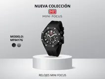 Reloj Mini Focus modelo MF0417G para hombre, con caja redonda negra, dial negro con detalles en blanco y correa de caucho negra. Cuenta con movimiento de cuarzo japonés, es resistente al agua hasta 30 metros y tiene función de cronógrafo.