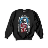 Buzo de cuello redondo color negro con estampado frontal de estilo cartoon que representa a la Muerte con una camisa hawaiana, sosteniendo una guadaña y una taza, rodeada por un marco con texto.