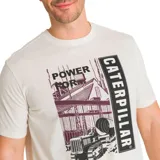 Remera de manga corta color crema con cuello redondo y estampado frontal con diseño de maquinaria de construcción y logo de Caterpillar.