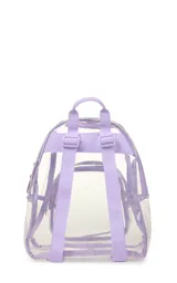 Mochila mini transparente de la marca JanSport con ribetes y correas en color lila pastel. Cuenta con un compartimento principal y un bolsillo frontal con cierre.