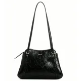Cartera Guess modelo Xena, color negro con acabado simil cuero, herrajes plateados y logo frontal. Cuenta con cierre superior y doble asa larga para llevar al hombro.