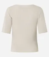 Blusa de punto acanalado en color verde oscuro, con escote bote y mangas cortas. Presenta un diseño ajustado al cuerpo y tejido de textura uniforme.