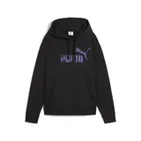Buzo hoodie Puma ESS Nature 2.0, color negro con logo estampado en el pecho en tonos violetas.