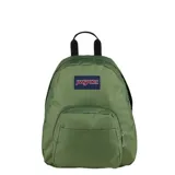Mochila pequeña Jansport modelo Half Pint, color verde oliva, con un compartimento principal y un bolsillo frontal con cierre. Presenta asa superior negra y tirantes ajustables.