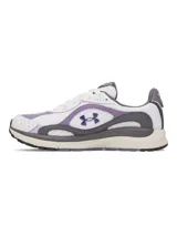 Championes Under Armour UA W Tech Runner, modelo deportivo para mujer en color blanco con detalles en lila y gris oscuro. Capellada confeccionada en malla transpirable con superposiciones de cuero y gamuza, entresuela de EVA y suela de goma.