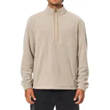Buzo de forro polar color beige con cuello alto y cierre frontal parcial. Presenta un detalle de cinta decorativa a lo largo de la cremallera y bolsillos laterales.